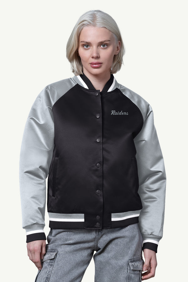 starter WOMENS LAS VEGAS RAIDERS FINAL SCORE SATIN VARSITY JACKET
