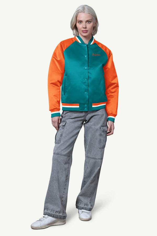 Starter WOMENS MIAMI DOLPHINS FINAL SCORE SATIN VARSITY JACKET