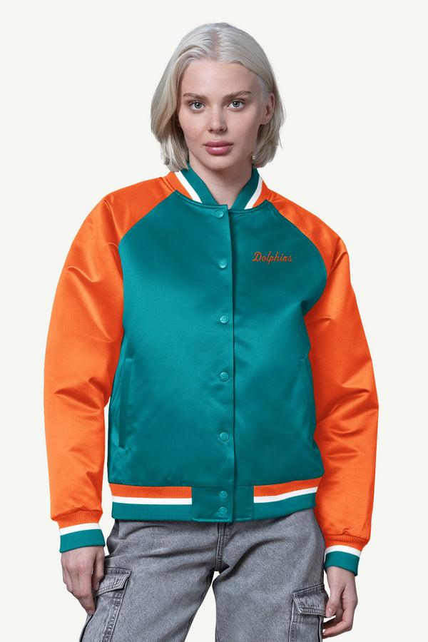 starter WOMENS MIAMI DOLPHINS FINAL SCORE SATIN VARSITY JACKET