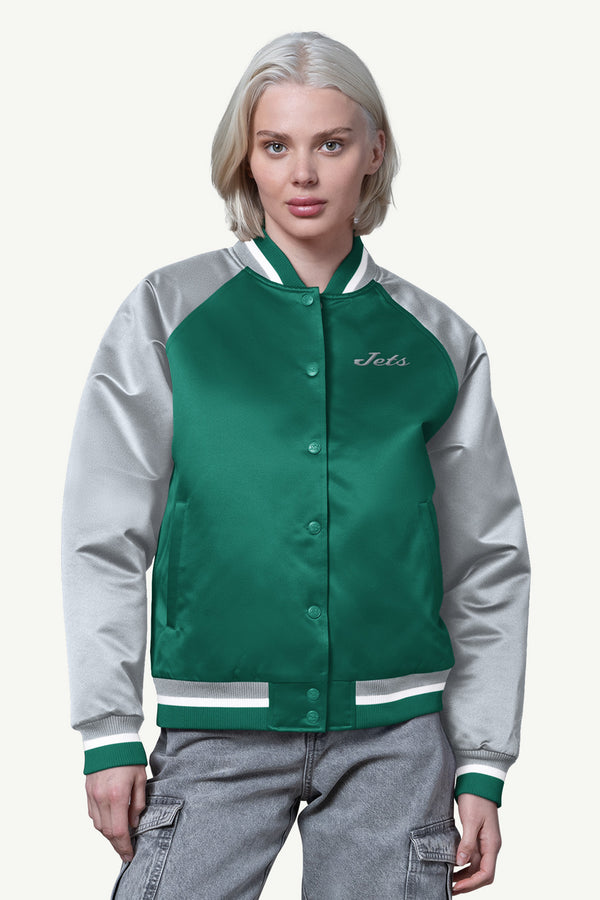 starter WOMENS NEW YORK JETS FINAL SCORE SATIN VARSITY JACKET