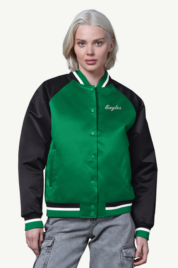 starter WOMENS PHILADELPHIA EAGLES FINAL SCORE SATIN VARSITY JACKET