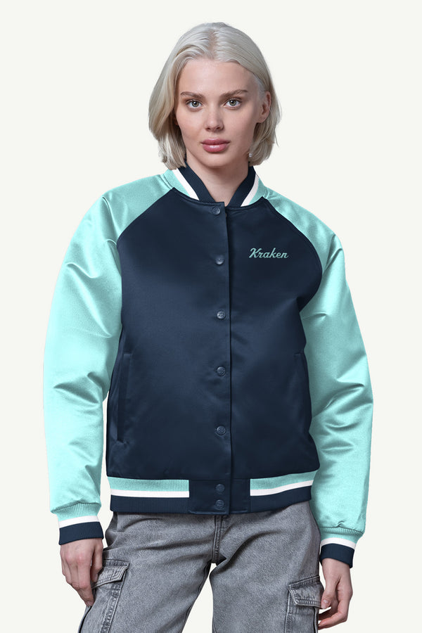 starter WOMENS SEATTLE KRAKEN FINAL SCORE SATIN VARSITY JACKET