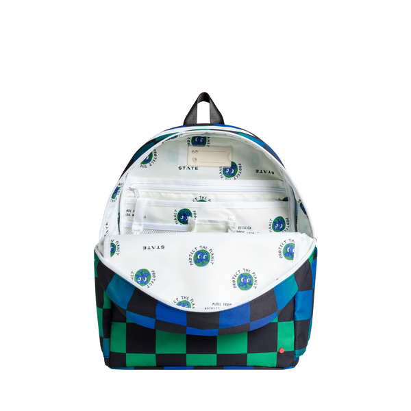 State Bags Kane Double Pocket Backpack Blue Puffer Check