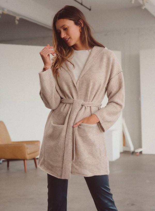 Stateside Belted Hooded Cardigan Sweater In Oatmeal Heather