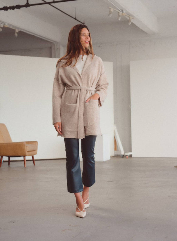 Stateside Belted Hooded Cardigan Sweater In Oatmeal Heather