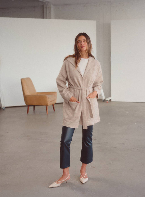 stateside Belted Hooded Cardigan Sweater in Oatmeal Heather