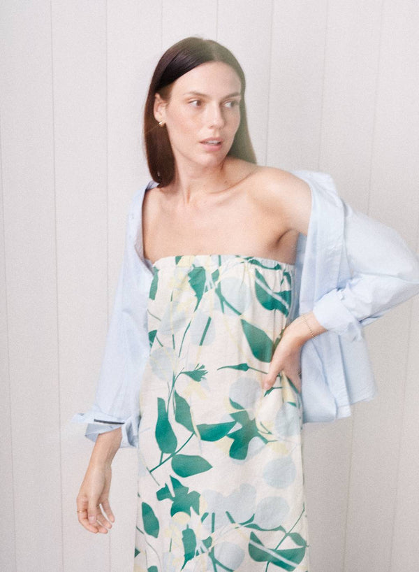 Stateside Blossom Printed Linen Column Maxi Dress In Blue Blossom