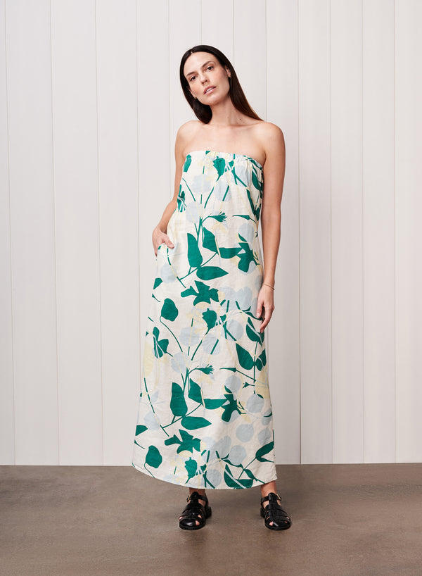 Stateside Blossom Printed Linen Column Maxi Dress In Blue Blossom