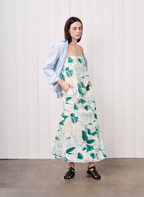 stateside Blossom Printed Linen Column Maxi Dress in Blue Blossom