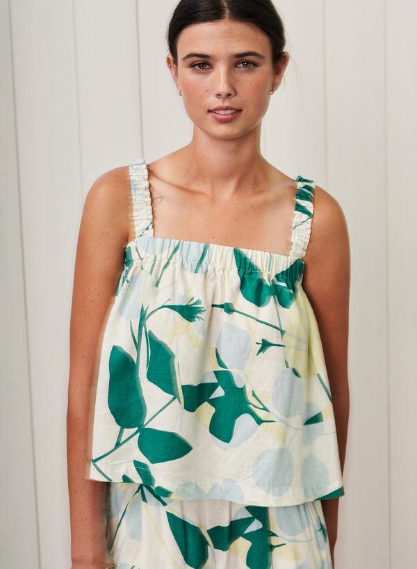 Stateside Blossom Printed Linen Ruched Shoulder Tank In Blue Blossom
