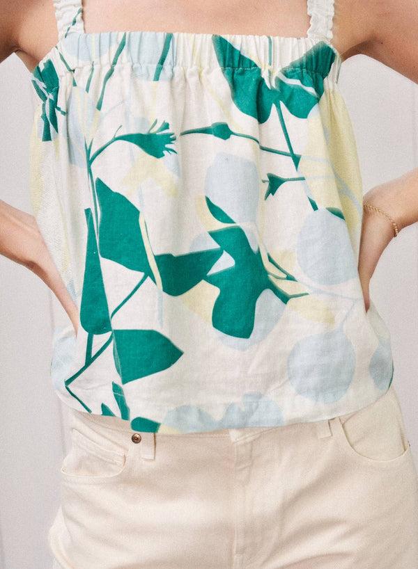Stateside Blossom Printed Linen Ruched Shoulder Tank In Blue Blossom