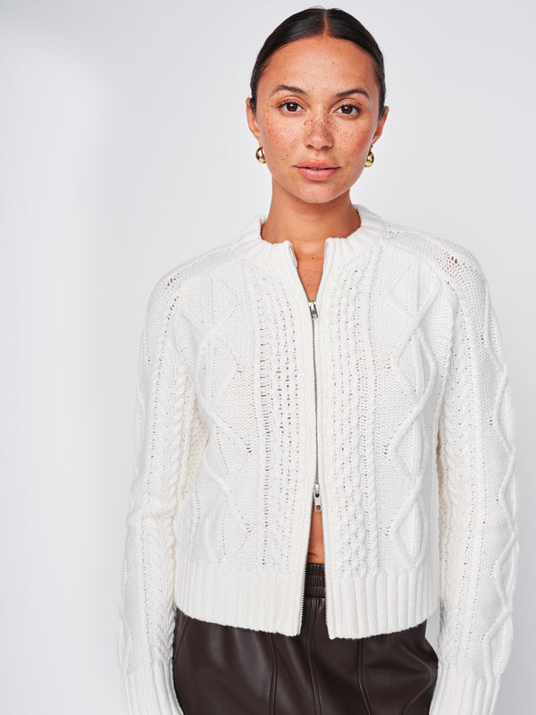 stateside Cable Zip Front Cardigan Sweater in White