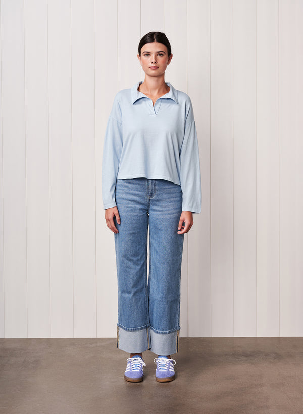 stateside Cloud Cotton Jersey Johnny Collar Tee in Dove Blue