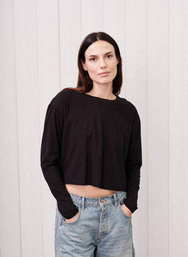 stateside Cloud Jersey Long Sleeve Boxy Crew in Black