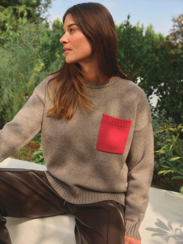 stateside Color Block Pocket Sweater in Almond/Lipstick