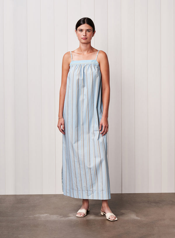 stateside Column Stripe Poplin Maxi Dress in Blue Multi Stripe