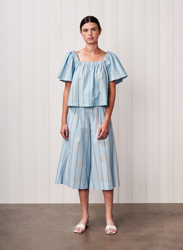 Stateside Column Stripe Poplin Swing Top In Blue Multi Stripe