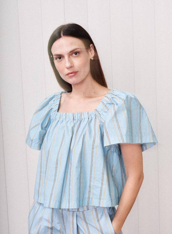stateside Column Stripe Poplin Swing Top in Blue Multi Stripe