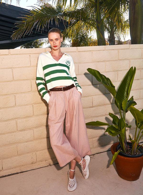 Stateside Cotton Cashmere Embroidered Johnny Collar Sweater In Pine