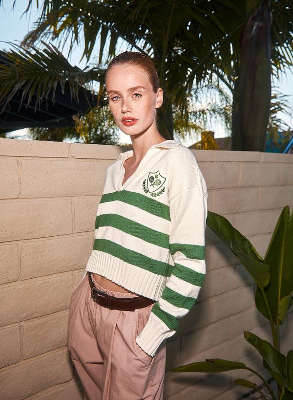 stateside Cotton Cashmere Embroidered Johnny Collar Sweater in Pine