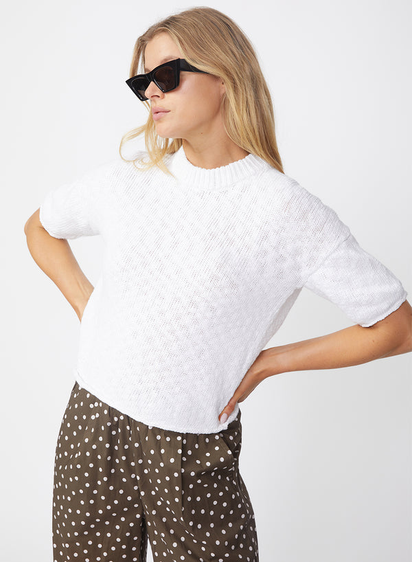 stateside Cotton Linen Short Sleeve Sweater in White