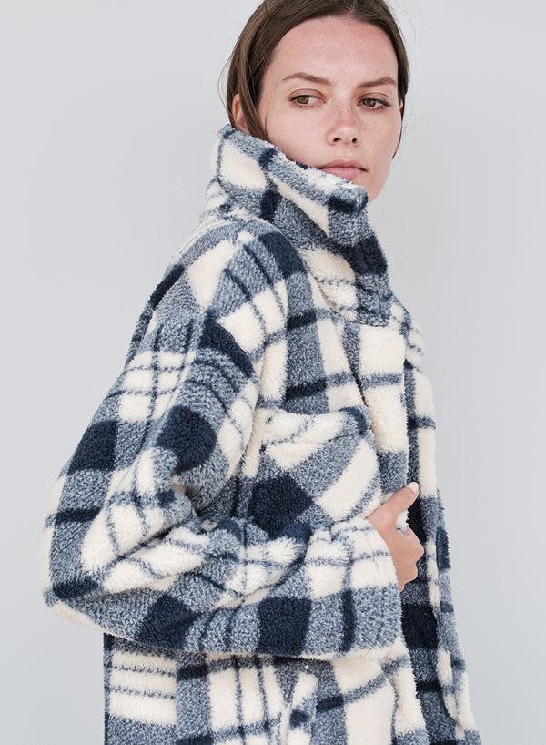 Stateside Double Faced Sherpa Jacket In Navy/Cream Plaid