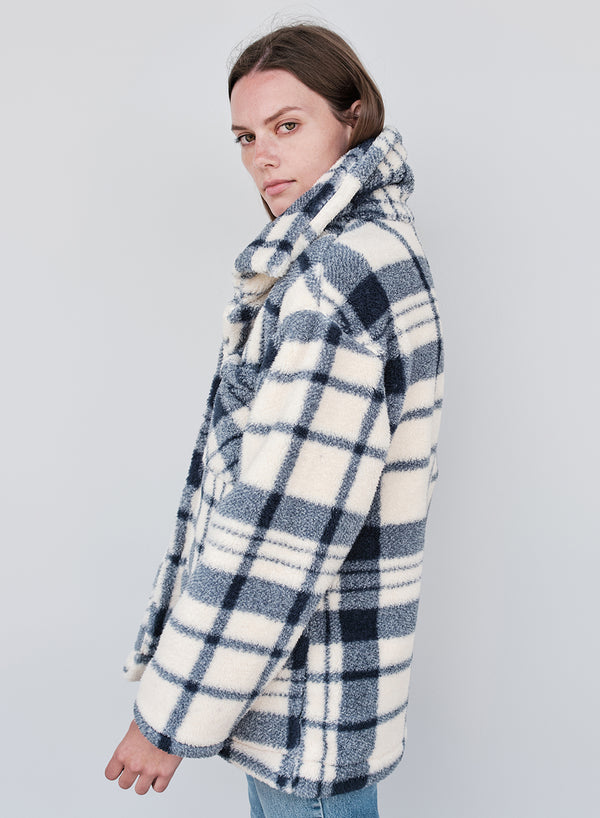 Stateside Double Faced Sherpa Jacket In Navy/Cream Plaid