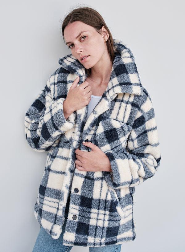 stateside Double Faced Sherpa Jacket in Navy/Cream Plaid