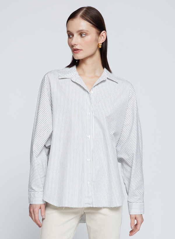 Stateside Elliott Poplin Stripe Dolman Shirt In Verde
