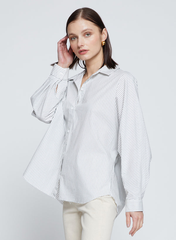 Stateside Elliott Poplin Stripe Dolman Shirt In Verde