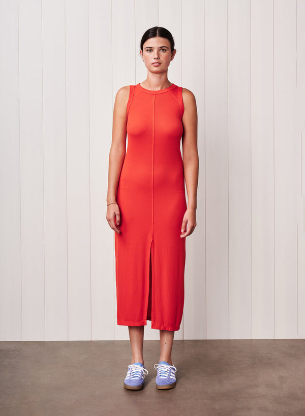 Stateside Fine 2X1 Rib Front Slit Midi Dress In Candy Apple