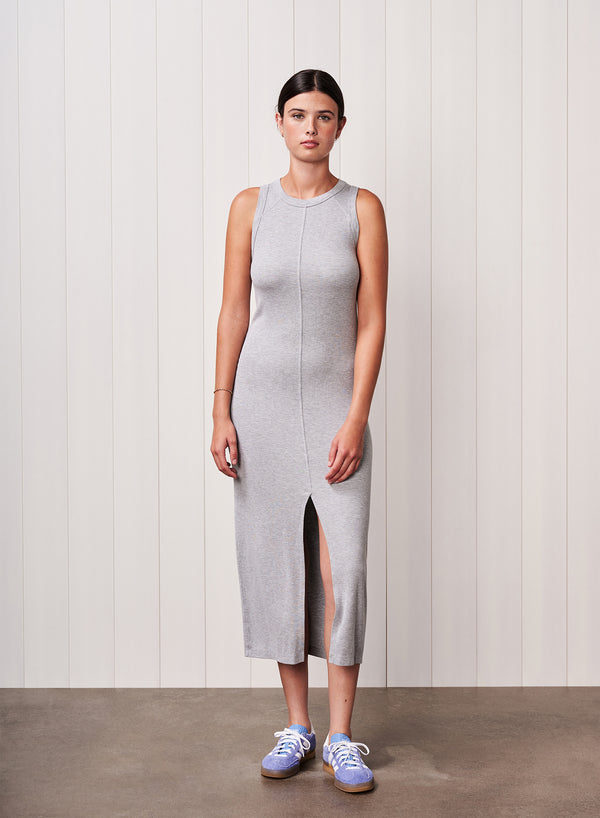 Stateside Fine 2X1 Rib Front Slit Midi Dress In Heather Grey