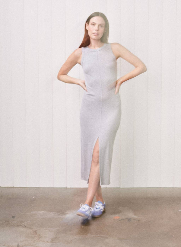stateside Fine 2X1 Rib Front Slit Midi Dress in Heather Grey