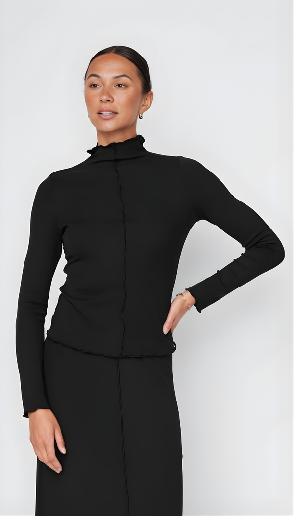 stateside Fine 2X1 Rib Long Sleeve Mock Neck in Black