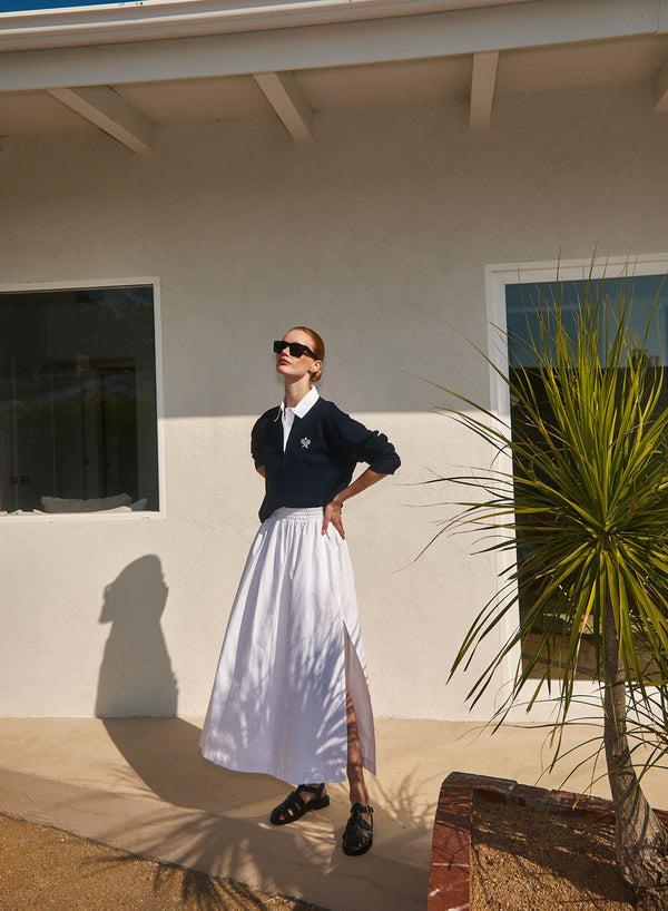 stateside Fine Poplin Double Slit Maxi Skirt in White