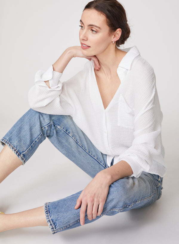 Stateside Gauze Long Sleeve Oversized Shirting Top In White