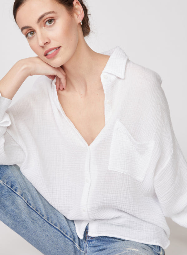 Stateside Gauze Long Sleeve Oversized Shirting Top In White