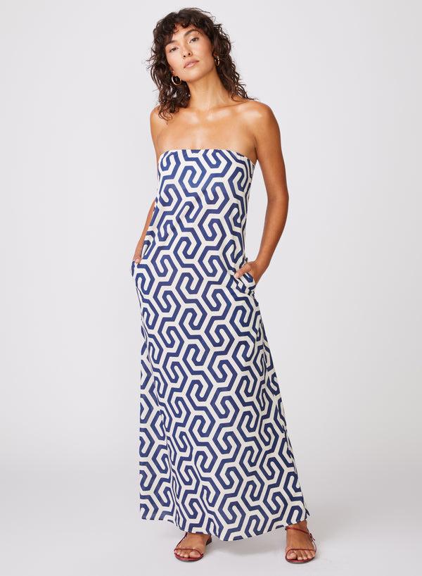 Stateside Geo Print Voile Biased Cut Column Dress In New Navy
