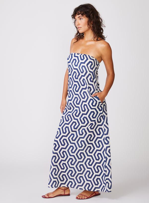 Stateside Geo Print Voile Biased Cut Column Dress In New Navy
