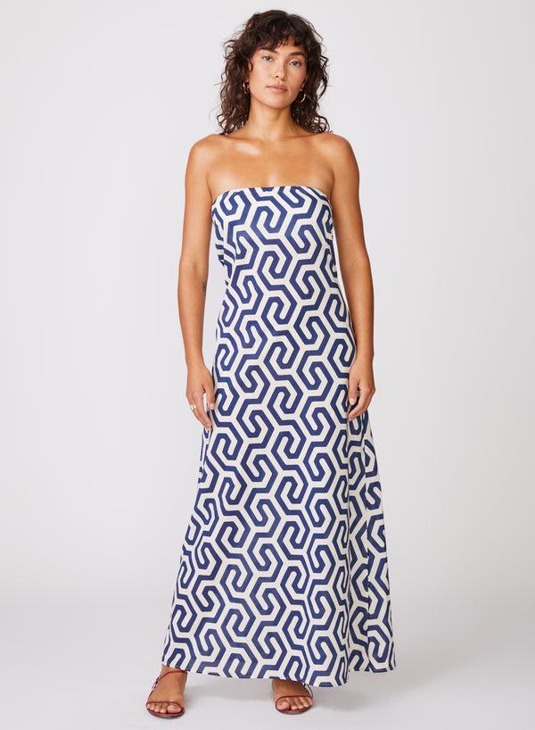 stateside Geo Print Voile Biased Cut Column Dress in New Navy