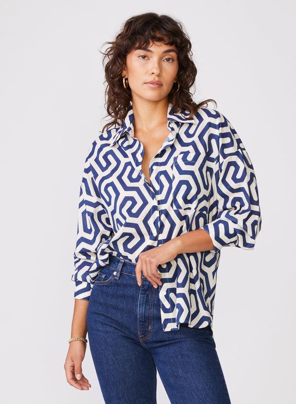 Stateside Geo Print Voile Oversized Shirt In New Navy