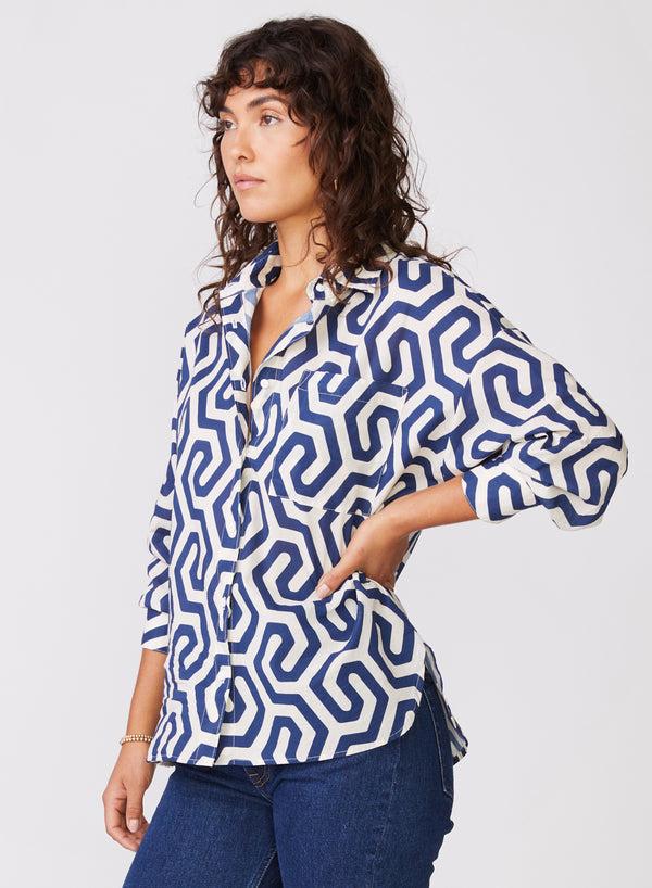 Stateside Geo Print Voile Oversized Shirt In New Navy