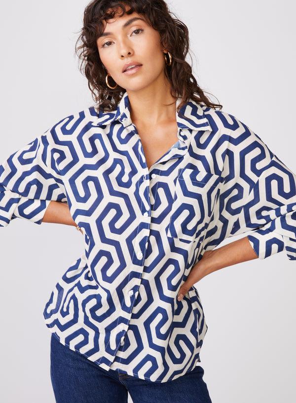 stateside Geo Print Voile Oversized Shirt in New Navy
