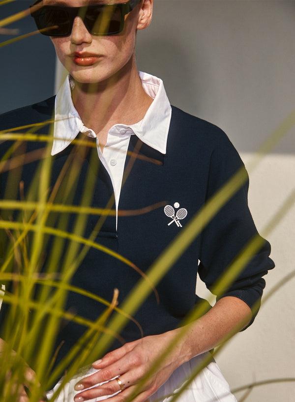 stateside Heavy Ribbed Jersey Graphic Cropped Polo in New Navy