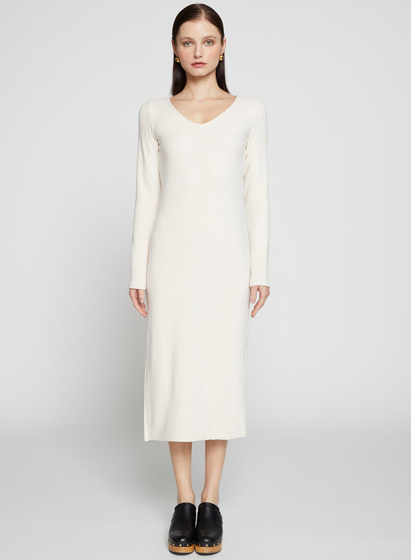 stateside Honeyluxe Flatback Rib Double V-Neck Dress in Cream