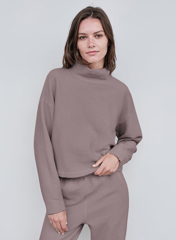 stateside Horizontal Rib Mock Neck Pullover in Walnut