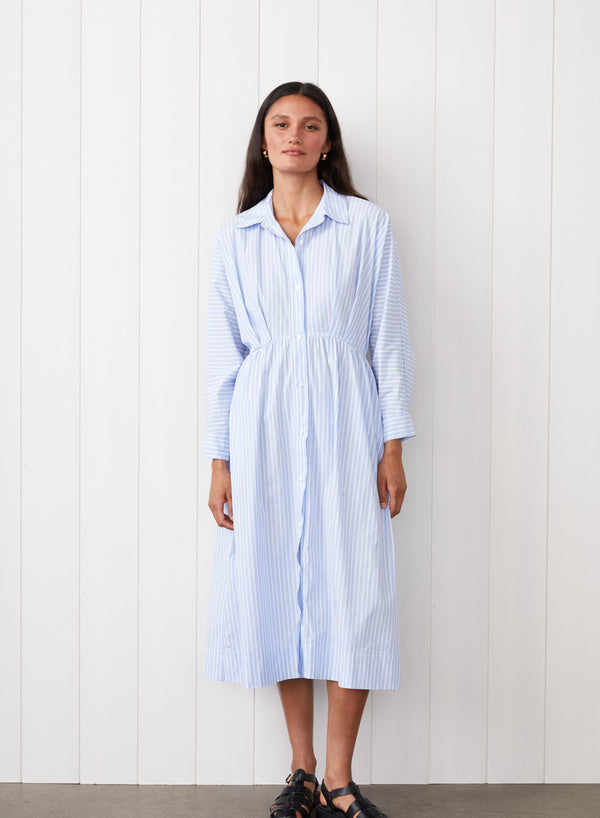 stateside Iberus Stripe Poplin Shirt Dress in Clear Sky Stripe