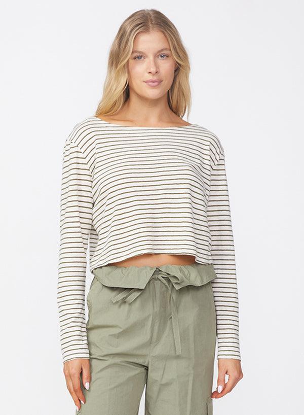Stateside Linen Cotton Jersey Long Sleeve Cropped Boatneck In Fern