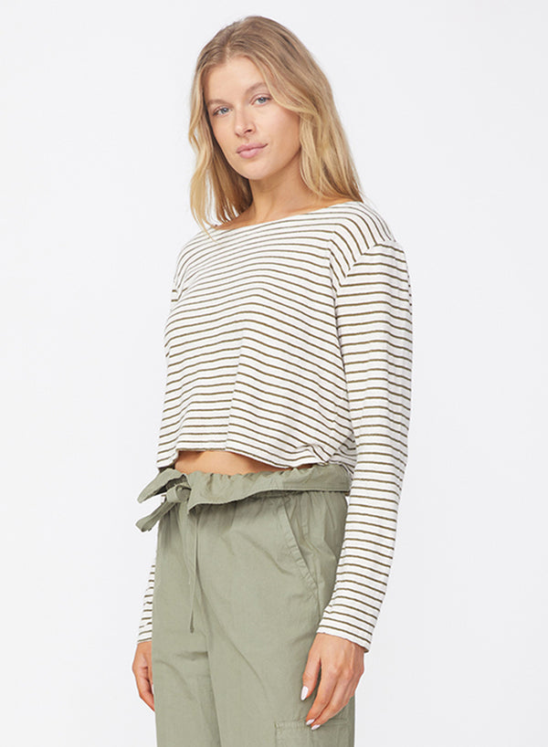 Stateside Linen Cotton Jersey Long Sleeve Cropped Boatneck In Fern
