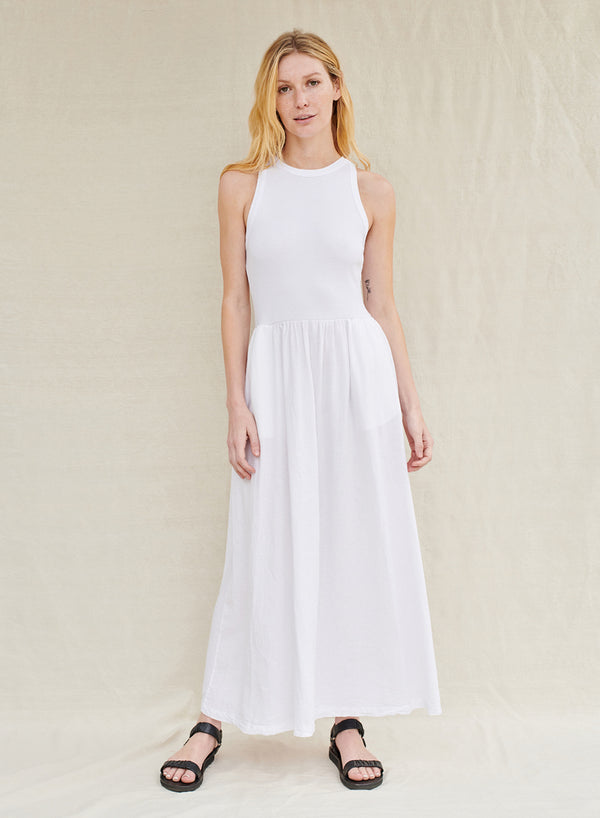 Stateside Linen Mixed Media High Neck Dress In White